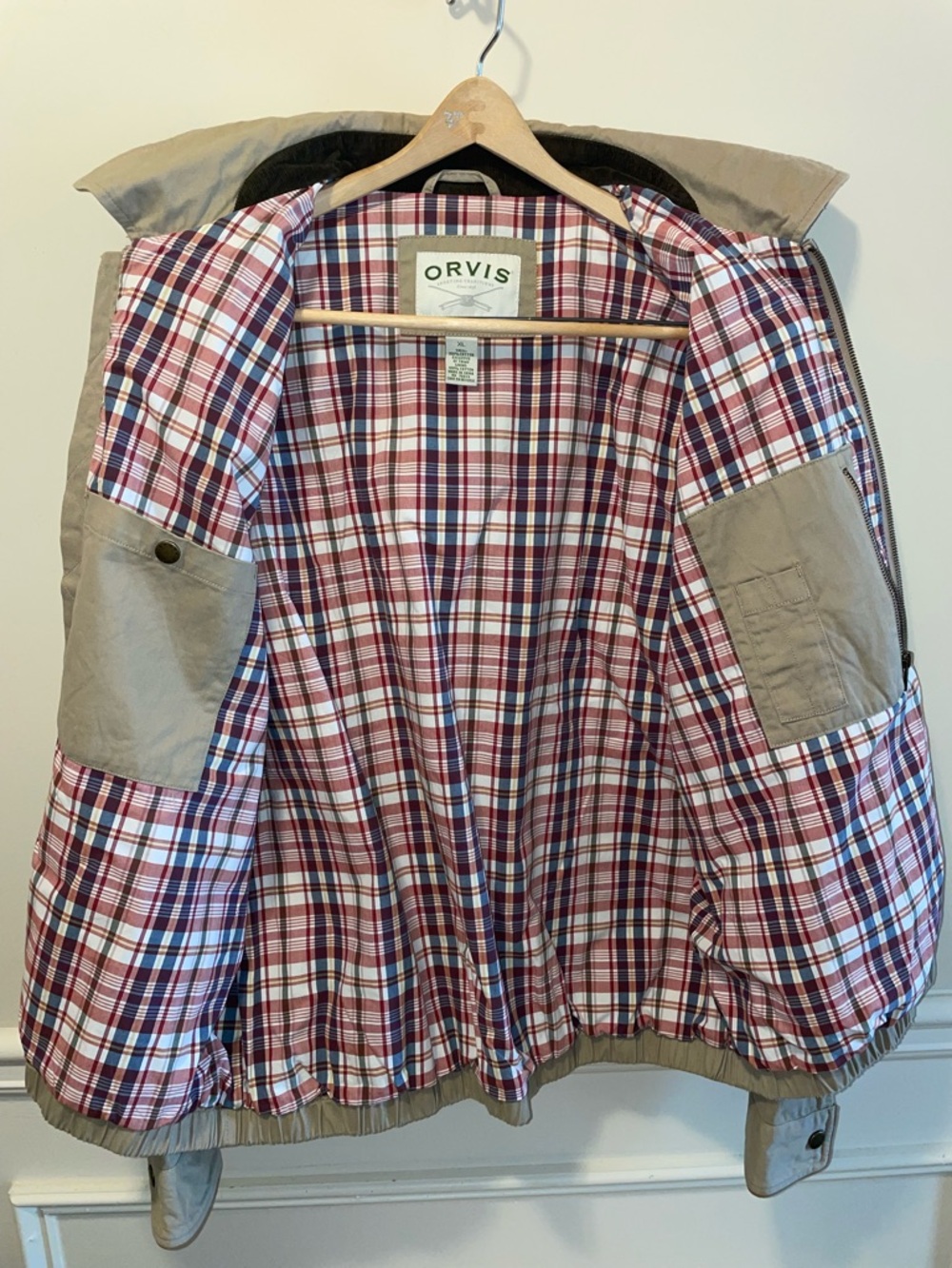 Orvis Tan Cotton Jacket with Red & Navy Plaid Lining - Picture 5 of 13